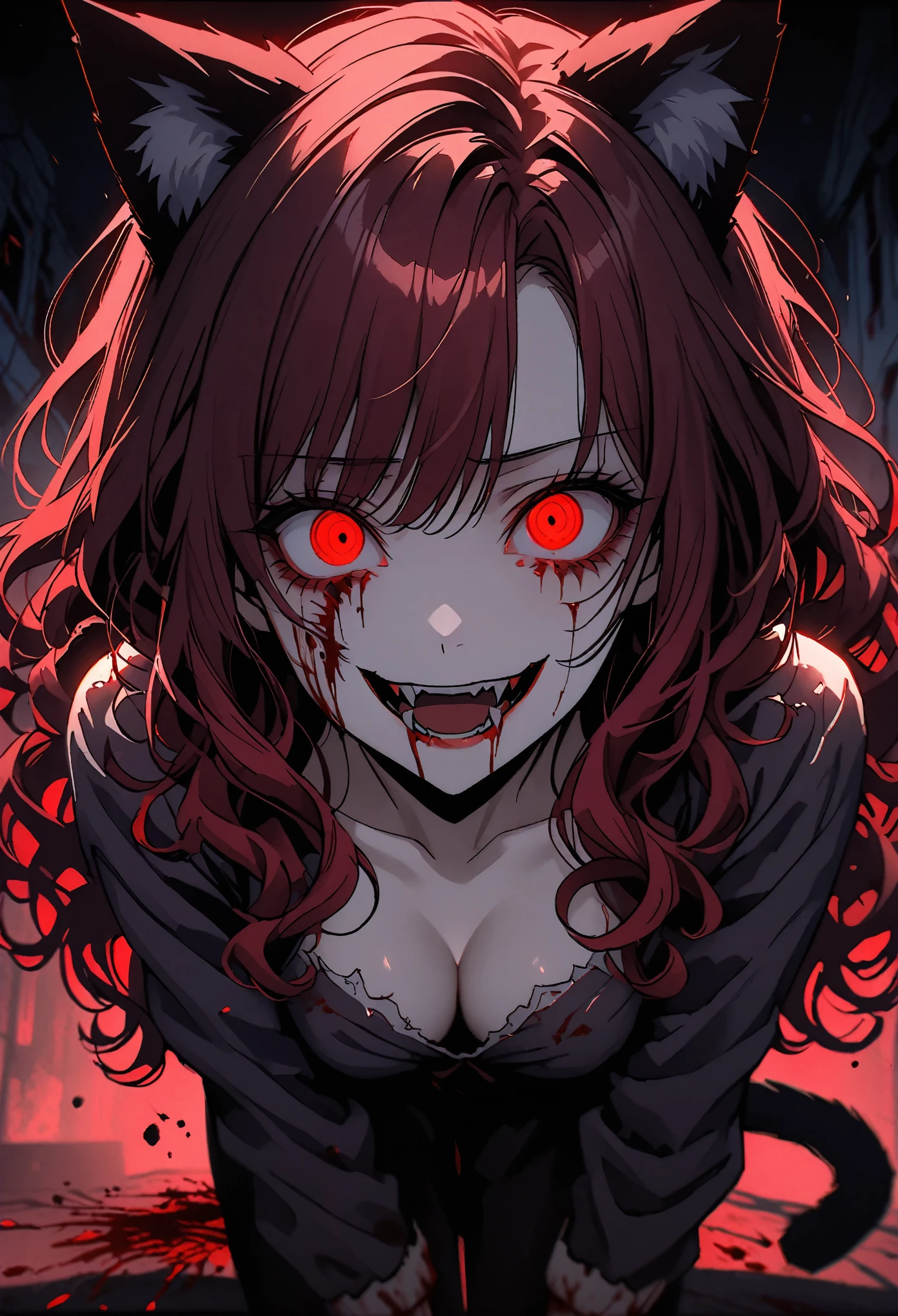 solo, female, cat ears, cat tail, red eyes, dark red hair, long wavy hair, medium breasts, runny mascara, cleavage, yandere, dark, night, horror, close up, furred hands, furred forearms, chromatic aberration, pov, crazed smile, lunging at viewer, attacking, blood splatter, fangs