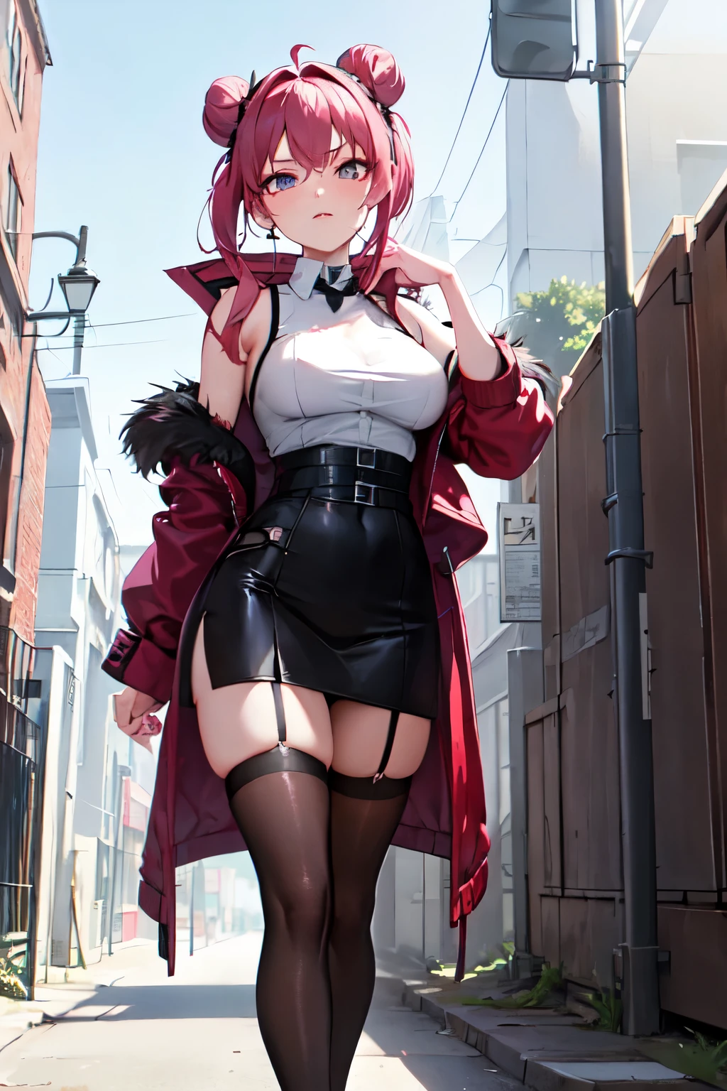 masterpiece, sharp, knee level, magenta hair twin buns, clean sclera, light eyes, sassy female standing in an urban alley, perfect body, wear black red gradient fur-trimmed jacket open, high waist stocking net, wide hips, warm colors, soft shadow, warm light, white room void background