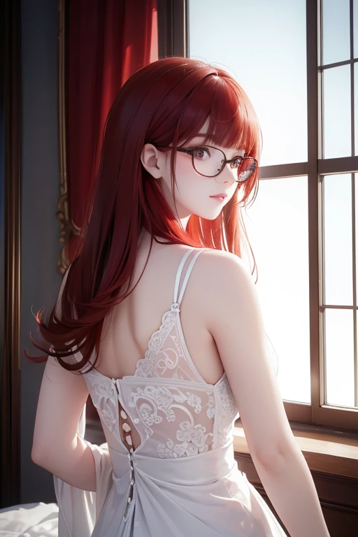 Beautiful young Margaret Qualley, killer girl, , very white skin, eyeglasses, large drop earrings, tiny dress, cleavage, close-up cleavage, dark tights, high balance, midday sun, hyperrealistic, model body, small breasts, beautiful breasts, long hair, wavy hair, red ends of hair, long legs, 8k, 超High resolution, best quality, On Frozen Mountain, RAW portrait, photorealistic, cherry blossom, ambient lighting, shadows detailed, camera focus on thighs, cute pose, strong wind, light fog