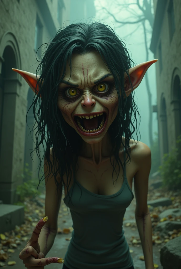(horror) (damsel in distress) a pack of ravenous goblins with big eyes,small bodies,huge cannibal mouths (lots of jagged sharp teeth), chasing a scared human woman with big breasts,big butt,anglo features,tramp stamp tattoo,barefoot, battered and bloody, in a dark forest at night,(best quality,4k,8k,highres,masterpiece:1.2),ultra-detailed,(realistic,photorealistic,photo-realistic:1.37),dark fantasy,horror,surreal,chiaroscuro lighting,moody atmosphere,dramatic lighting (show all of her head to toe)