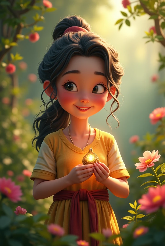 "A named Rina holds a magical, colorful flower in a small village. The flower is radiant and vivid. Villagers stand around her smiling. The background shows a charming, natural village scene."