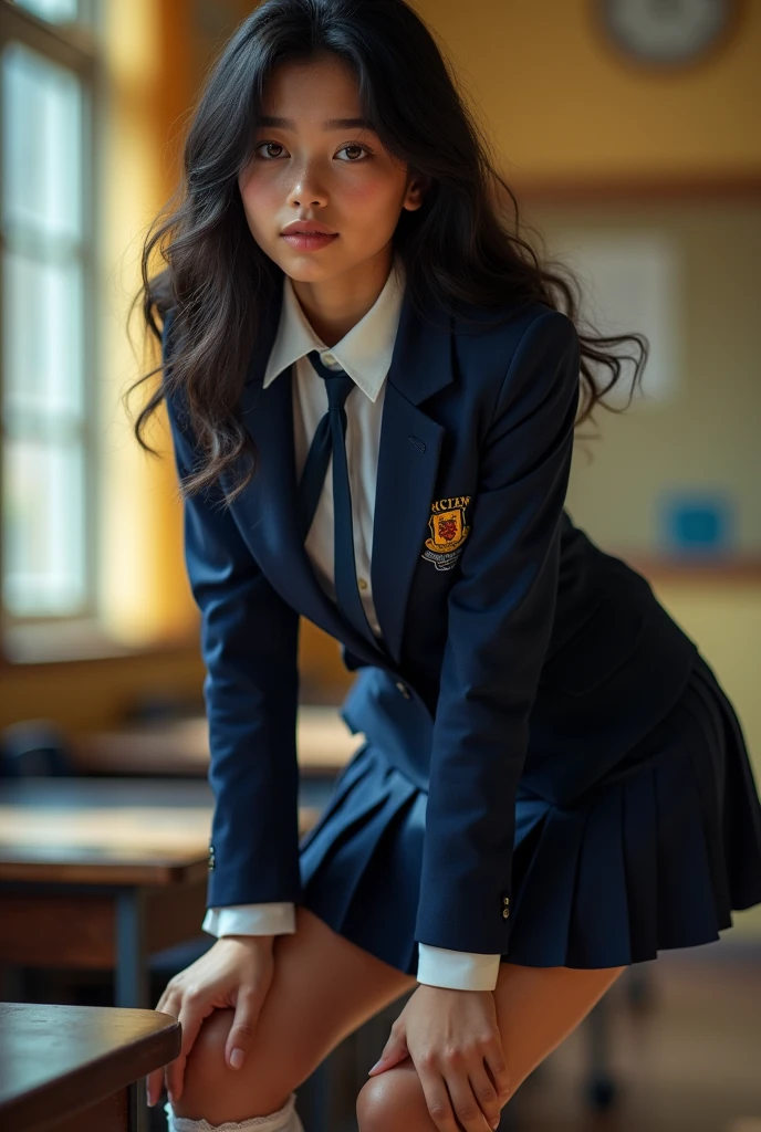 ulzzang-6500-v1.1, (raw photo:1.2), (photorealistic:1.4), beautiful detailed girl, very detailed eyes and face, beautiful detailed eyes, ridiculous, incredibly ridiculous, huge file size, super detailed, high resolution, very detailed, best quality, masterpiece, kemomimi, ((Japanese girls' high school uniform)), illustration, very detailed, CG, unified, 8k wallpaper, amazing, Fine details, masterpiece, best quality, very detailed CG uniform 8k wallpaper, light on face, cinematic lighting, 1girl, 16 years old, ((no panties)), ((dynamic pose))), (camel toe), (half), (pantyhose), (knee-bending leg sitting))