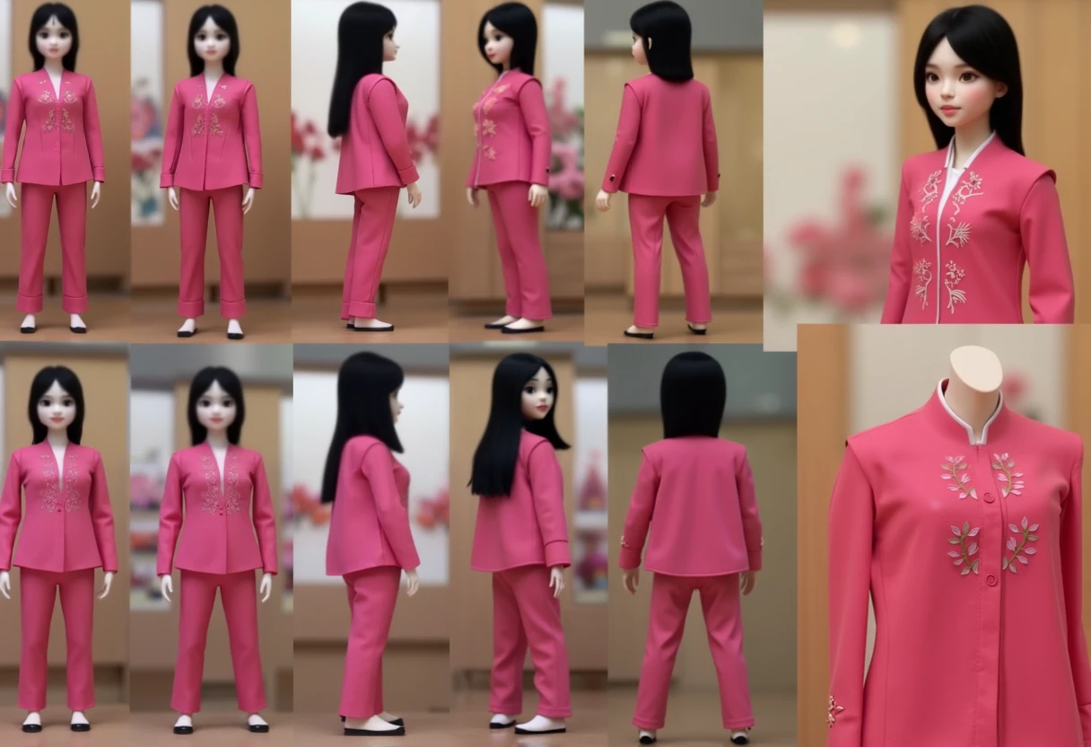 (Same character, front, side, back), simple background! , (full body) little business girl,( shor hair,bob cut),mobile in her hand, navy blue jacket suit ,navy blue skirt suit,beautiful big eyes, chib, fluorescent translucent, colorful, delicate light 3D