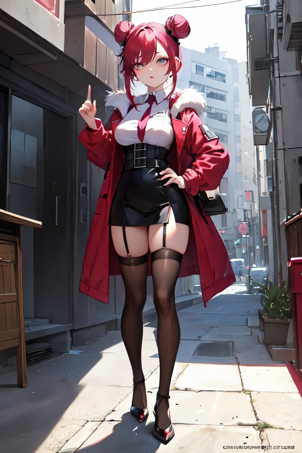 masterpiece, sharp, knee level, magenta hair twin buns, clean sclera, light eyes, sassy female standing in an urban alley, perfect body, wear black red gradient fur-trimmed jacket open, high waist stocking net, wide hips, warm colors, soft shadow, warm light, white room void background