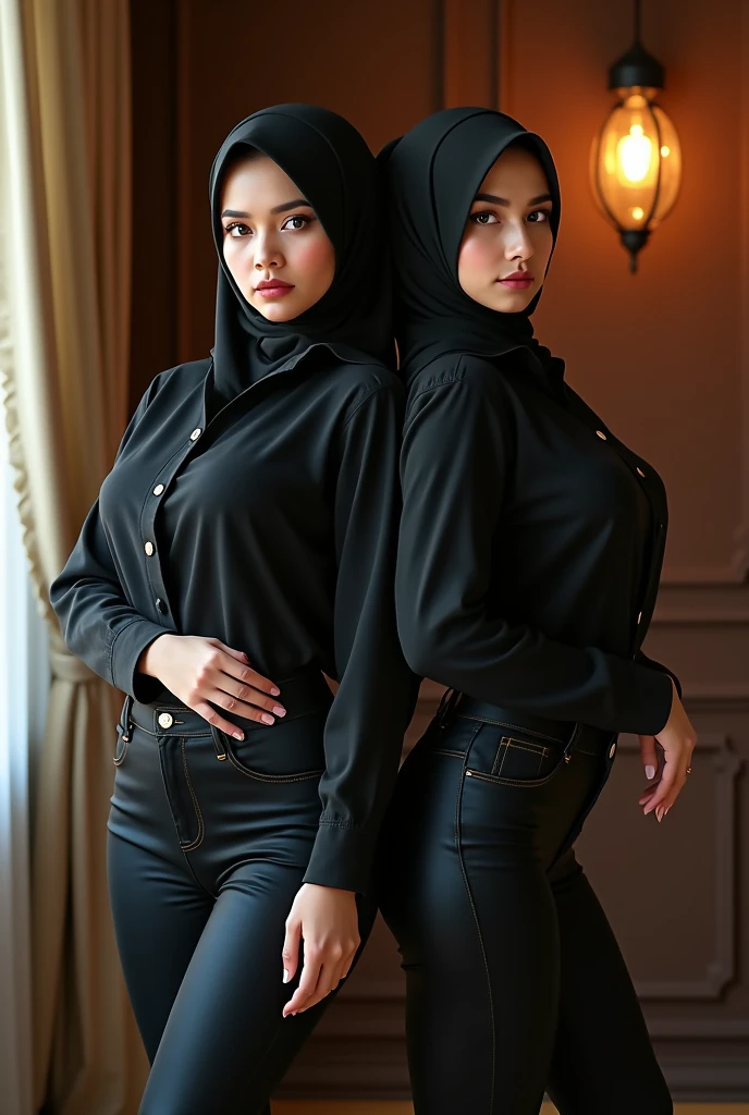 Hijab girls wearing baju kurung posing at office, cinematic lighting, soft shadow, structure detailed, hyperealistic, colourful, 8k HD, realistic, surrealism
