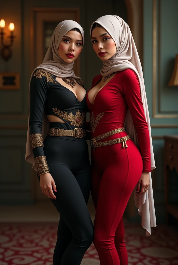 Two beautiful hijab girls with long hair, hair sticking out from under the scarf. Short and tight skirt, beautiful yellow and red bodice, big and beautiful black eyes and very high and very realistic quality, cleaning the table, red lips and black pantyhose, secretary dress and bent down and big breasts. Tori bust, head in profile, flirting with closed eyes, cinematic, illuminated, Arabic face makeup
