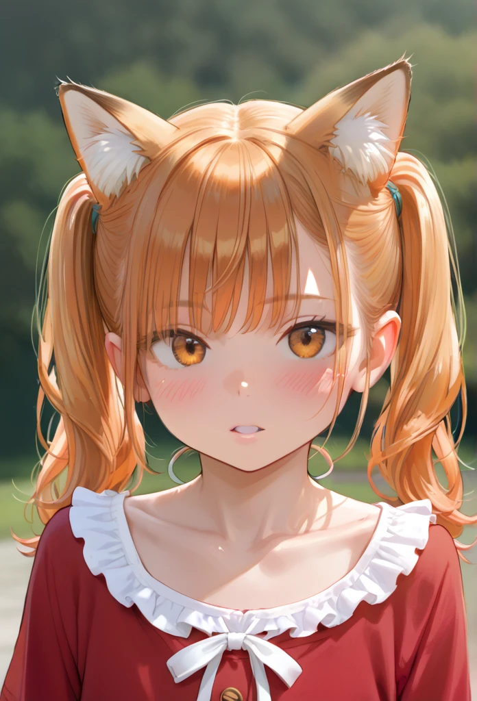 score_9, score_8_up, 1girl, animal ears, solo, twintails, animal ear fluff, looking at viewer, outdoors, upper body, fox ears, orange hair, blurry background, blurry, parted lips, blush, orange eyes, ribbon, shirt, neck ribbon, depth of field, fox girl, collarbone, day, red shirt, frills