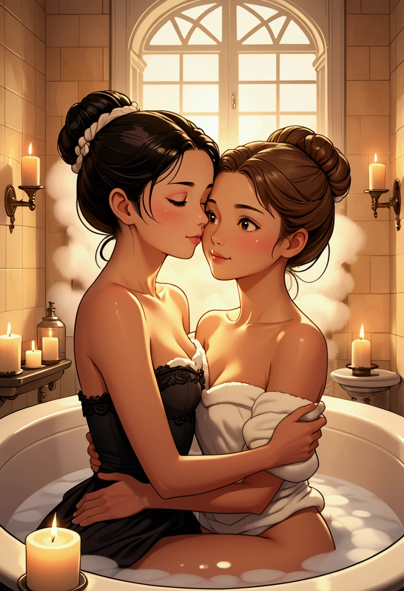 Name "The Loyal Pin (Sarocha Chankimha and Rebeca Armstrong) and create a sensual and romantic anime-style illustration, starring two young women, deeply in love. Sarocha, with her long black hair blowing in the wind, tenderly hugs Rebeca from behind, while both They look into each other's eyes. Rebeca has straight, light brown hair and a serene expression. They stand in an exquisite bathroom lit with candles and a luxurious bathtub filled with foam, creating an intimate and passionate atmosphere. scene is accentuated by the subtle glow of the surrounding candles.