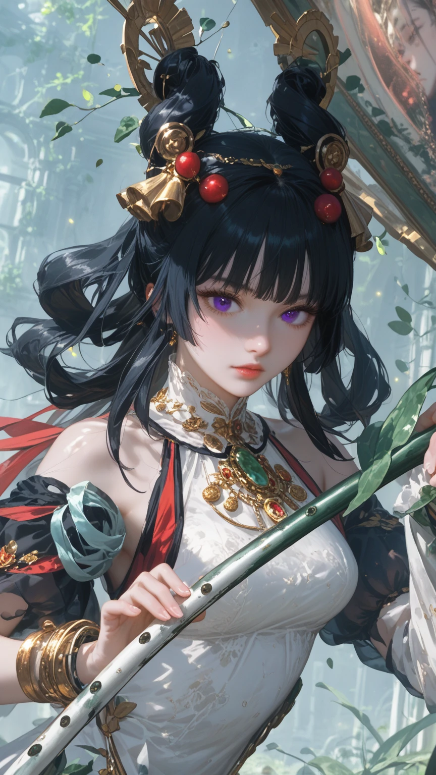 Anime girl, gorgeous, sexy, Ideal Anatomy, Lush Long Very Black Hair Color Black, Big Beautiful Purple Eyes, Vines and Lianas, Ancient ruins, month, grass, Ruins, Unknown Plants Many, Various Plants, Unusual Plants, Dressed in Fashionable Youthful Outfit, barrette, Very Beautiful and Colorful, there are decorations, The moon is visible, Moonlight Falls on the Girl, Dynamic shadows, many small details, Various Small Stuff, gold jewelry, Beckons, temptation, Clear, Well-Detailed Picture, complex picture, masterpiece, Maximum Quality, full detailed, score_9, score_8_up, score_7_up, dramatic lighting, highly detailed, high budget, bokeh, cinemascope, moody, epic, gorgeous, film grain, grainy, masterpiece, best quality, perfect anatomy, very aesthetic, official art, 8k, Shine, novuschroma70 style, magic of painting, Nice Colors Shadows, my vision dream,