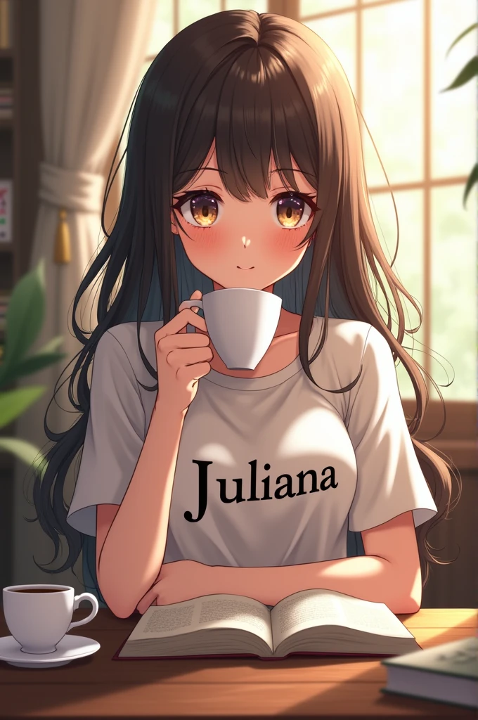 A girl is sitting on a sofa. She is drinking milk tea. Her name ‘Sonima’ is printed on her t-shirt. She is posing her left hand with two fingers.