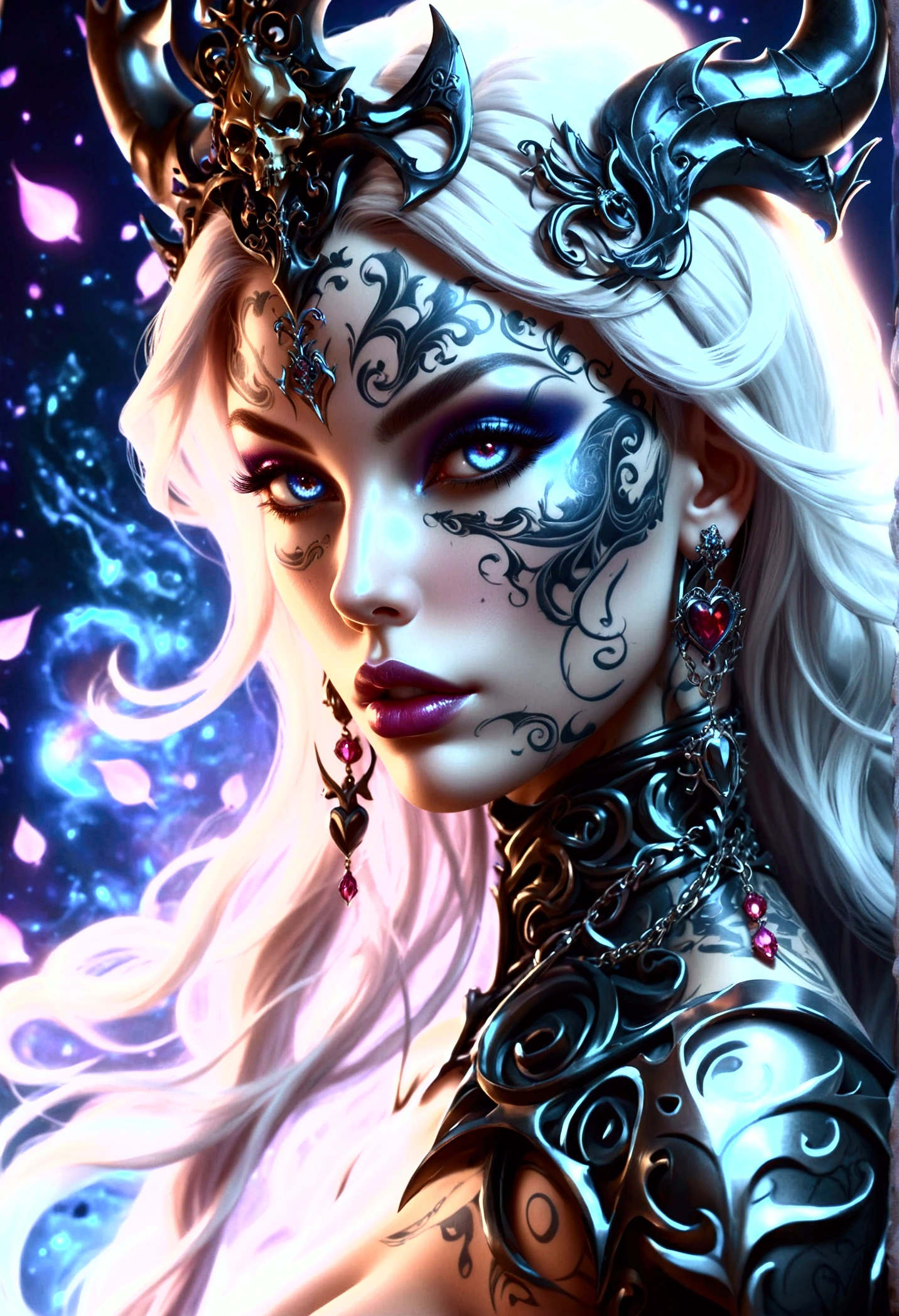 beautiful digital artwork, beautiful digital art, detailed beautiful face, 8k high quality detailed art, very beautiful digital art, digital art. highly detailed, beautiful detailed body, Create a hyper detailed photograph of a deathknight perfectly simetrical tattooed curved drop dead gorgeous deathknight, Stunningly perfect gorgeous feminine face, perfect makeup, detailed vibrant neon sapphire eyes, long flowing crimson hair, Gentle facial curves, Fuller cheek bones, Smaller and wider-set eyes, Less pronounced jawline, Symmetry perfection Proportion facial features, sexual curved heart shaped mouth, long beautiful tattooed legs, beautiful tattooed arms, perfect feminine curved body figure, detailed silky smooth skin, gigantic breasts, perfect heart shaped ass, beautiful long tattooed legs, Wearing metallic deathknight chain Jewels, highlighted by a soft glow that enhances the dreamlike atmosphere."