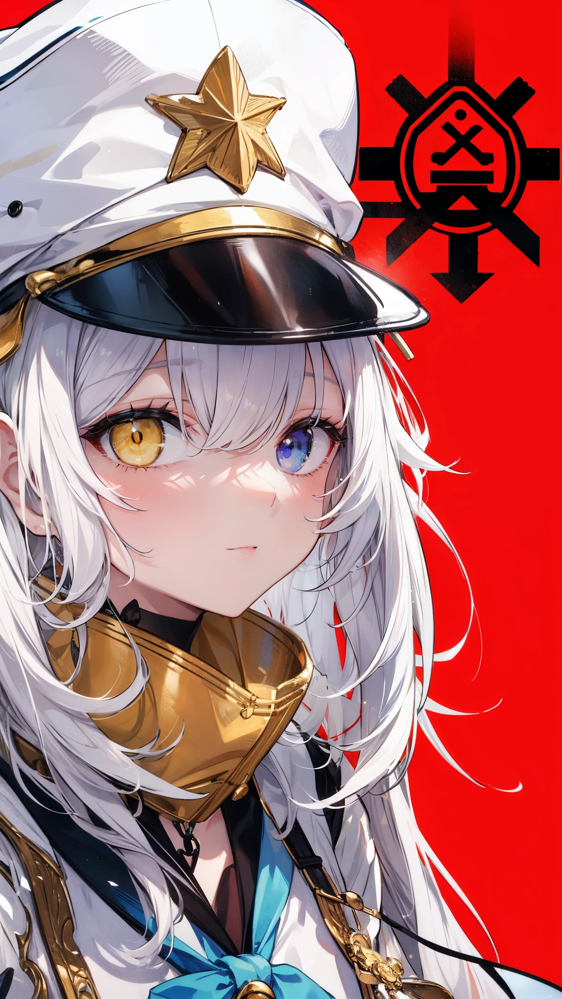 White hair，Long hair，Heterochromia blue-yellow，Sailor Suit，Sharp eyes