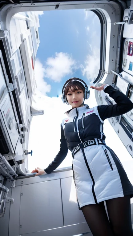 (Best Quality), (masterpiece), 1080P, High resolution, 4K, 8k, Inside the space station、Futuristic room、One Woman,20yo,astrovest,white shiny latex astrovest, black long sleeves,white down skirt,BREAK Shooting from directly below,Composition seen from below:3,BREAK Flip up the skirt、skirt rift up,Show your pants:5,、BREAK Smile、White diapers:3, sweat, Woman looking down,headphone,Braided Hair, Inner Color, Embarrassed face, Short black hair, smartwatch,, bedroom,