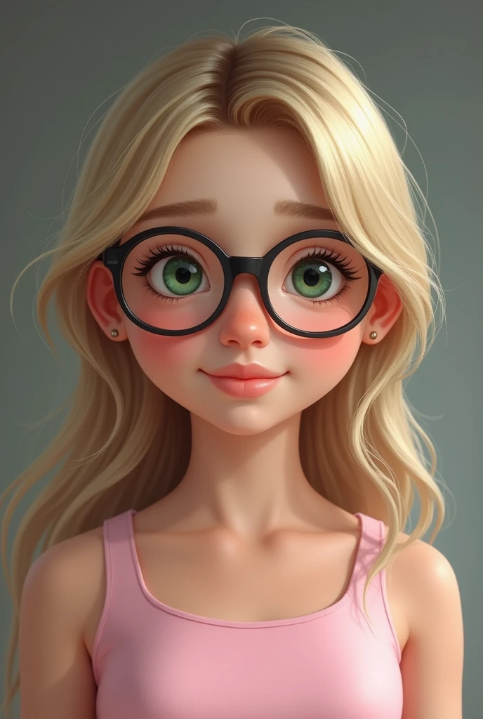 can you generate me an image of a teenage girl with blond hair with excess sebum, big square glasses rounded on the side and wipes on the glasses, a unibrow, a big nose, a beauty spot on the right lip and with lots of stinky boogers, naked ,full Body