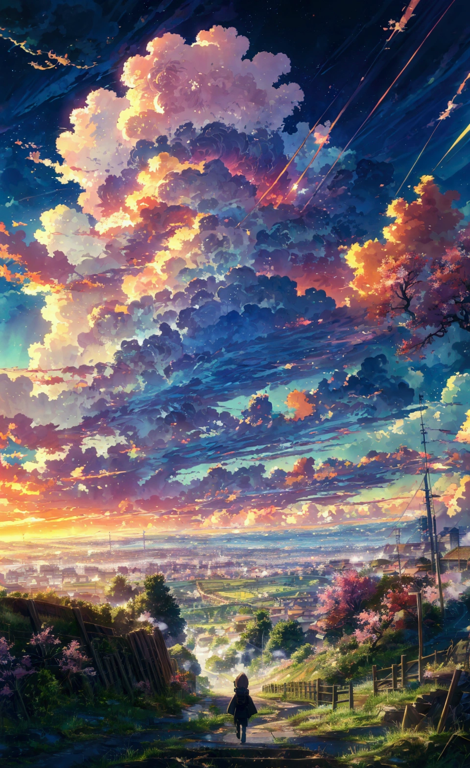 anime landscape with a person walking down a path in the middle of a field, anime landscape wallpaper, anime landscape, beautiful anime scenery, anime beautiful peace scene, beautiful anime scene, anime countryside landscape, anime clouds, anime background art, anime background, anime scenery, anime sky, anime art wallpaper 4 k, anime art wallpaper 4k, 4k anime wallpaper