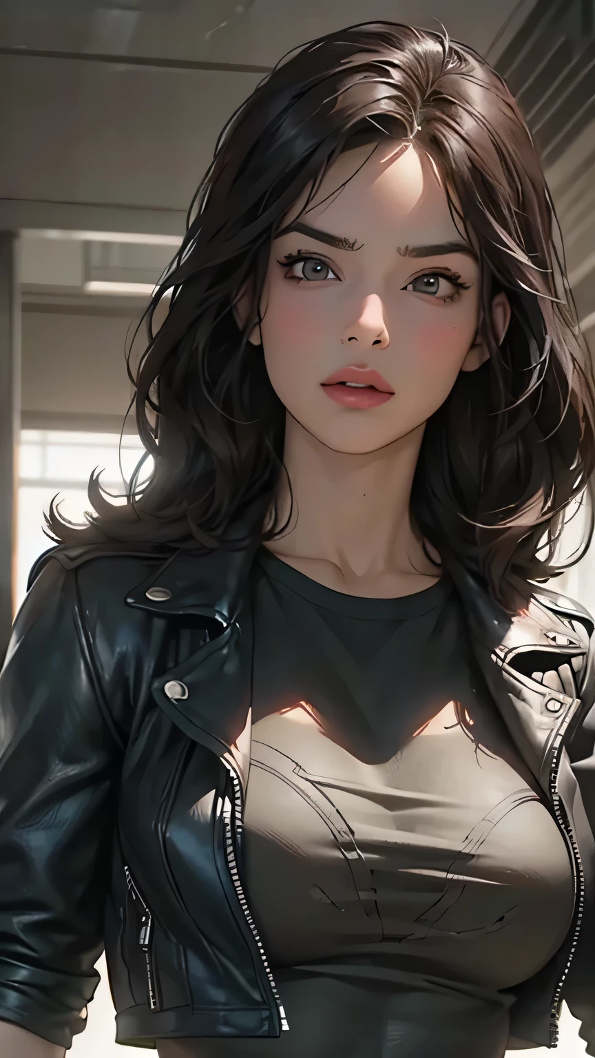 A busty girl with dark shreeded hair, deep dark and energetic coffee eyes, wearing a ripped black t-shirt with a leather jacket, comic style, marvel comics, masterpiece, 8k, ultra-detailed, photorealistic, hyper realistic, dynamic lighting, vibrant colors, cinematic composition, dramatic shadows