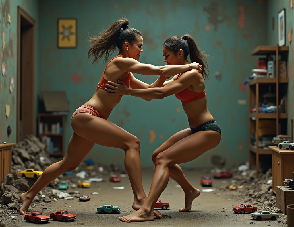 Two beautiful barefoot brunette athletic women fighting in a dirty room with several broken sports car toys. Your feet step on the toys.