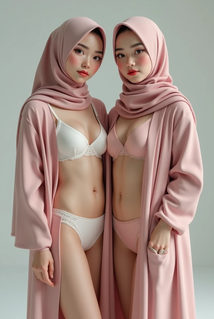 adorable, 2 girl, (face to face), , baby face, hl body portrait, (face details: 1), (eye details: 1), ((small breasts)). wearing lingerie, hijab, .. Cute posed. proportional body. Ultra High Res. realistic: 1.4, UHD