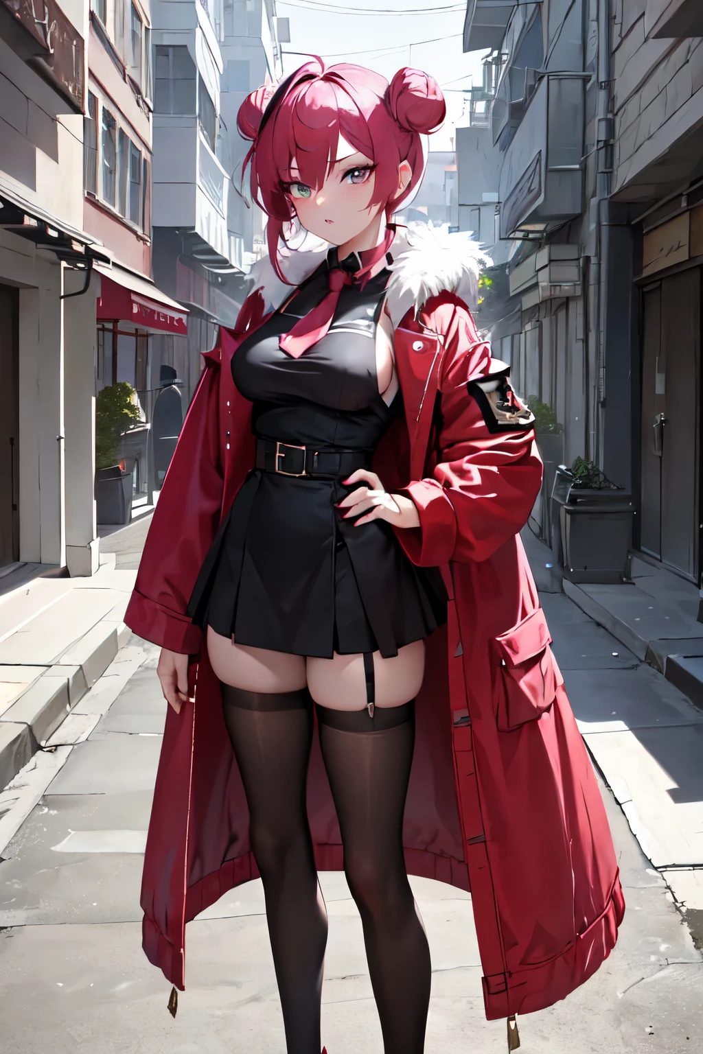 masterpiece, sharp, knee level, magenta hair twin buns, clean sclera, light eyes, sassy female standing in an urban alley, perfect body, wear black red gradient fur-trimmed jacket open, net high waist stocking panty detailed, wide hips, warm colors, soft shadow, warm light, white room studio background