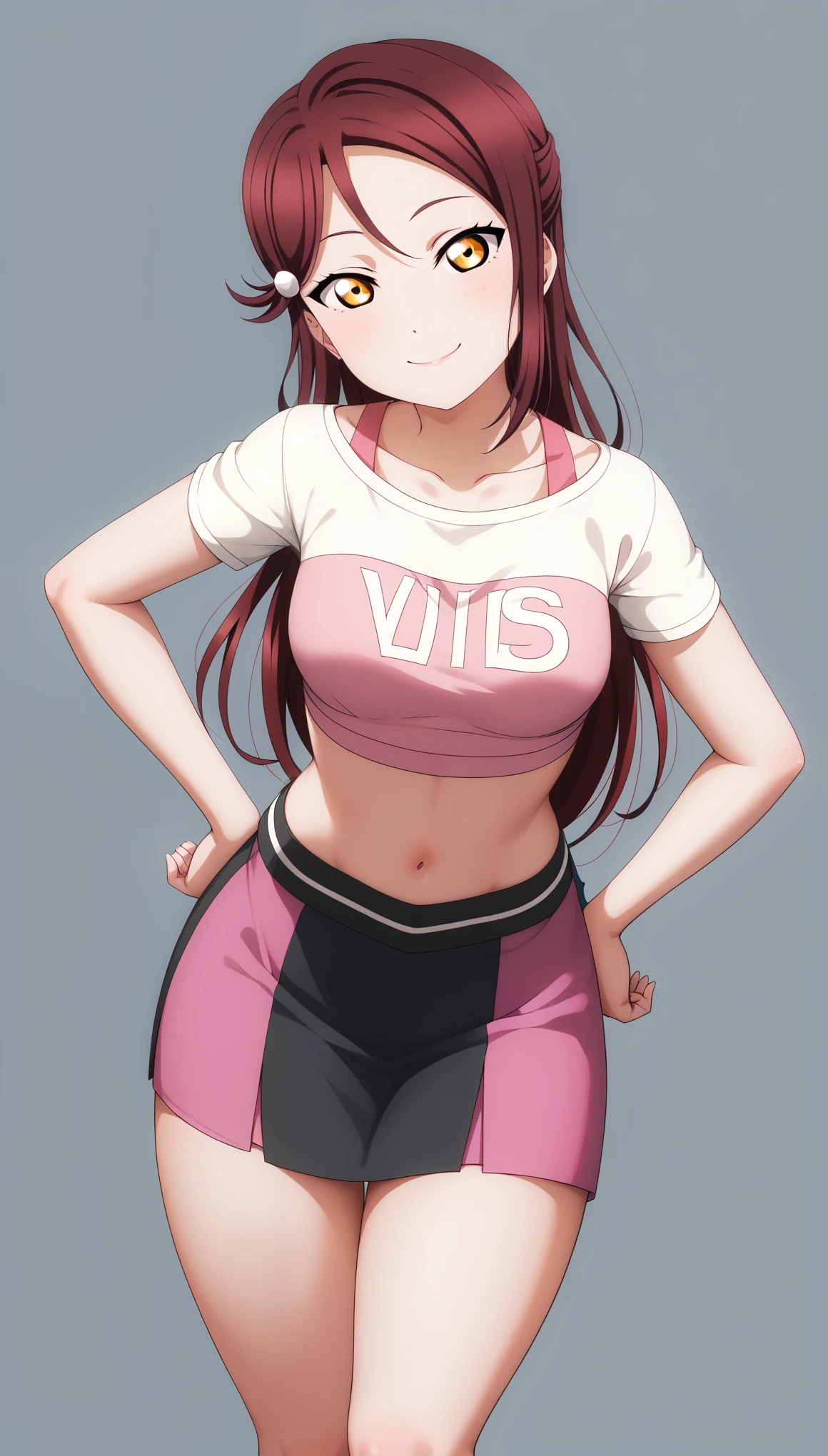 masterpiece, best quality,8k wallpaper ,bare thigh ,love live art style, sakurauchi riko, yellow eyes,long hair,dark red hair, crop top, skirt,idol, front view, smile, closed mouth, (bent over:0.8), hands on hip,thick thighs 