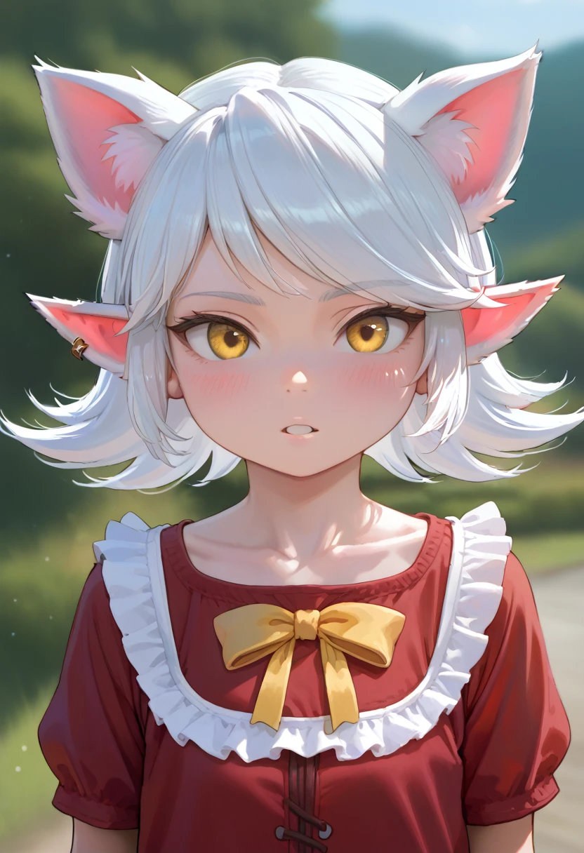 score_9, score_8_up, 1girl, solo, twintails, animal ear fluff, looking at viewer, outdoors, upper body,  white hair, blurry background, blurry, parted lips, blush, yellow eyes, ribbon, shirt, neck ribbon, depth of field, yordle girl, collarbone, day, red shirt, frills, Pointy Ears, tristana (league of legends),