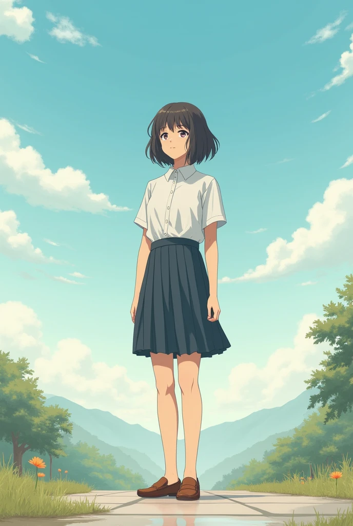 masterpiece, best qualityï¼ <lora:col_xl:1>ï¼1girl, hair ornament, solo, short hair, hairclip, brown hair, black eyes, cloud, day, grass, sky, smile, striped, outdoors, skirt, armpits, shirt, bag