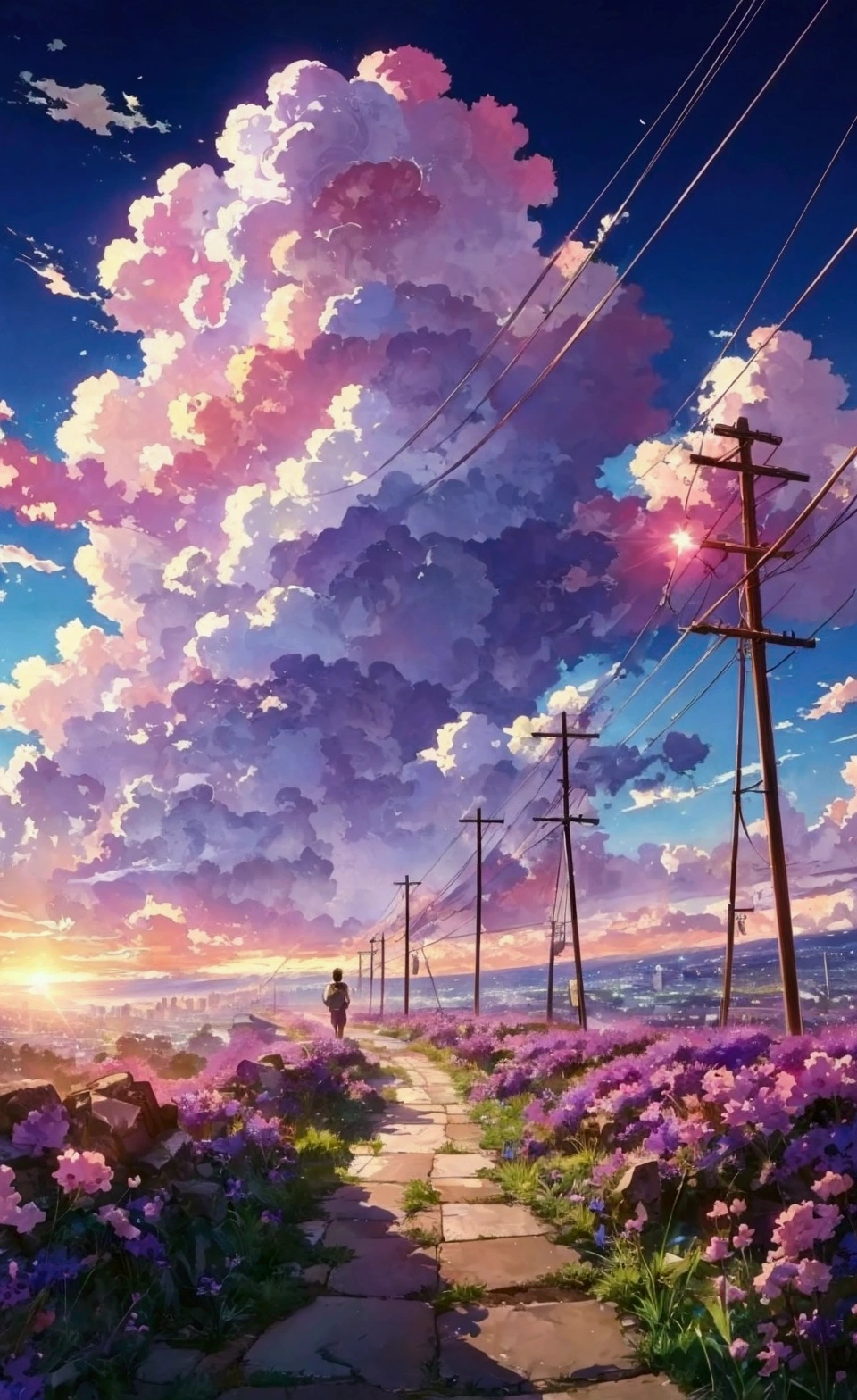 anime landscape with  a path in the middle of a field, purple flowers, lavender flowers is glowing, hight sky, many cloud, sunset, road, anime landscape wallpaper, anime landscape, beautiful anime scenery, anime beautiful peace scene, beautiful anime scene, anime countryside landscape, anime clouds, anime background art, anime background, anime scenery, anime sky, anime art wallpaper 4 k, anime art wallpaper 4k, 4k anime wallpaper