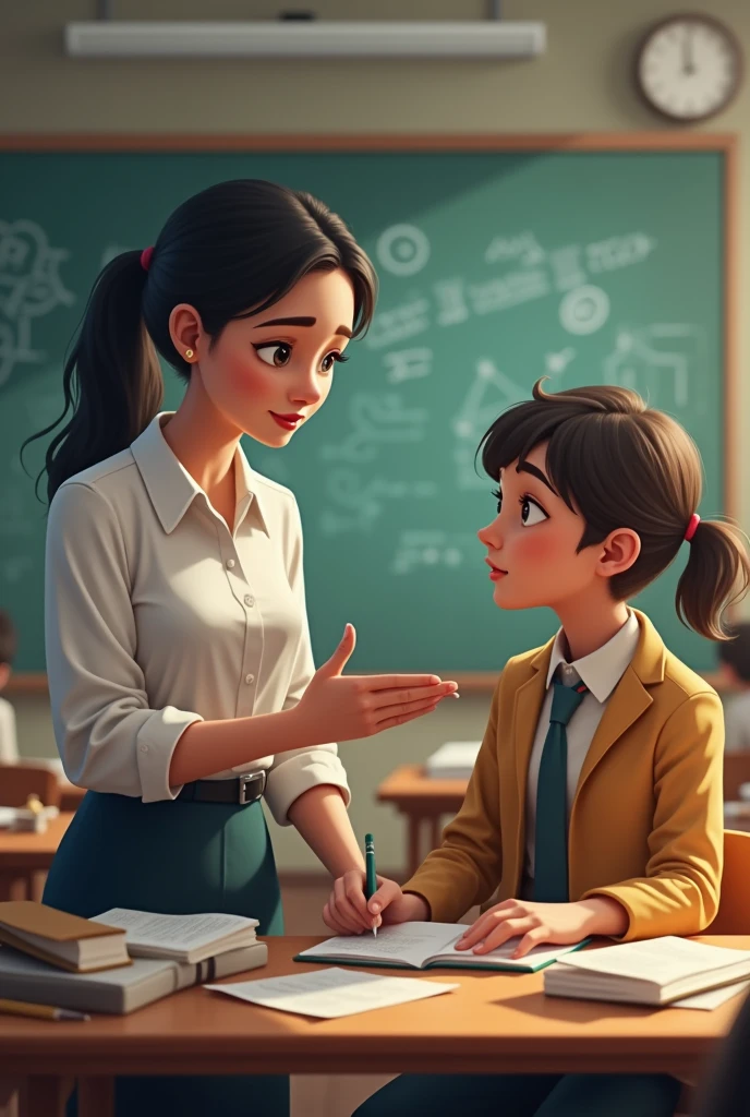 Junior high school students studying. One-on-one instruction between teacher and student. No background. The teacher is writing something on the blackboard.、The teacher is smiling and facing the students.