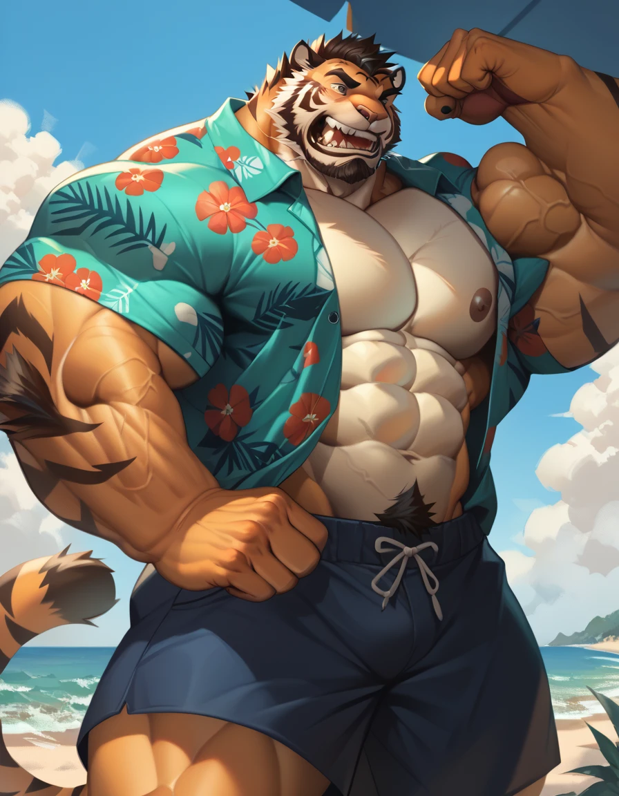 bara tiger, fur, very large pecs, strong physique, very muscular, perfect anatomy, masterpiece, black beard, black eyes, strong jaw, giant biceps, shirtless, hairy pectorals, solo, great lighting, beach, shorts, hawaiian shirt