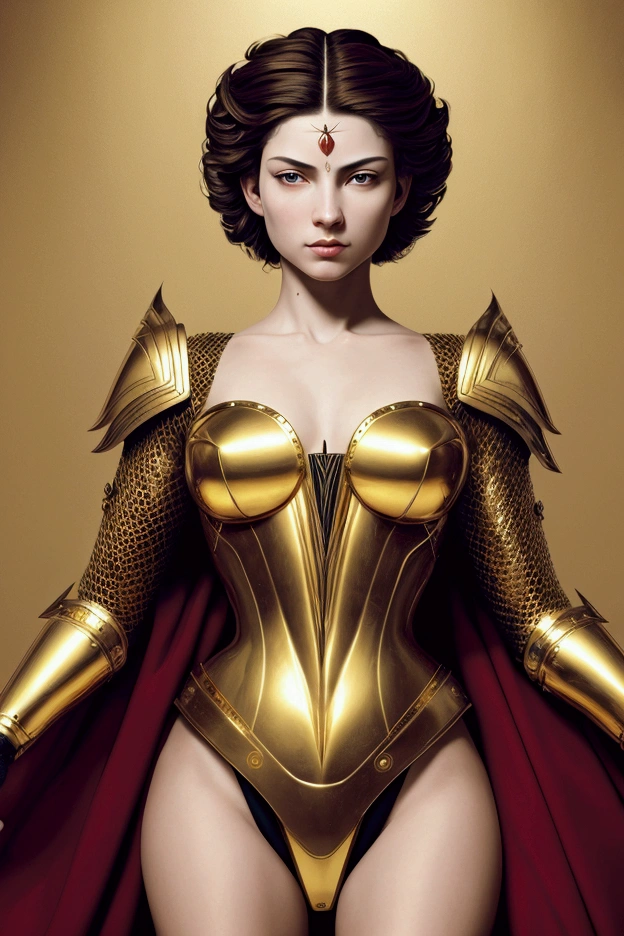 caravaggio painting; high contrast; red rising book series; virginia au augustus; beautiful woman, gold hair; shining gold eyes; fighting pose; gold futuristic armor with red details; futuristic godess warrior;
