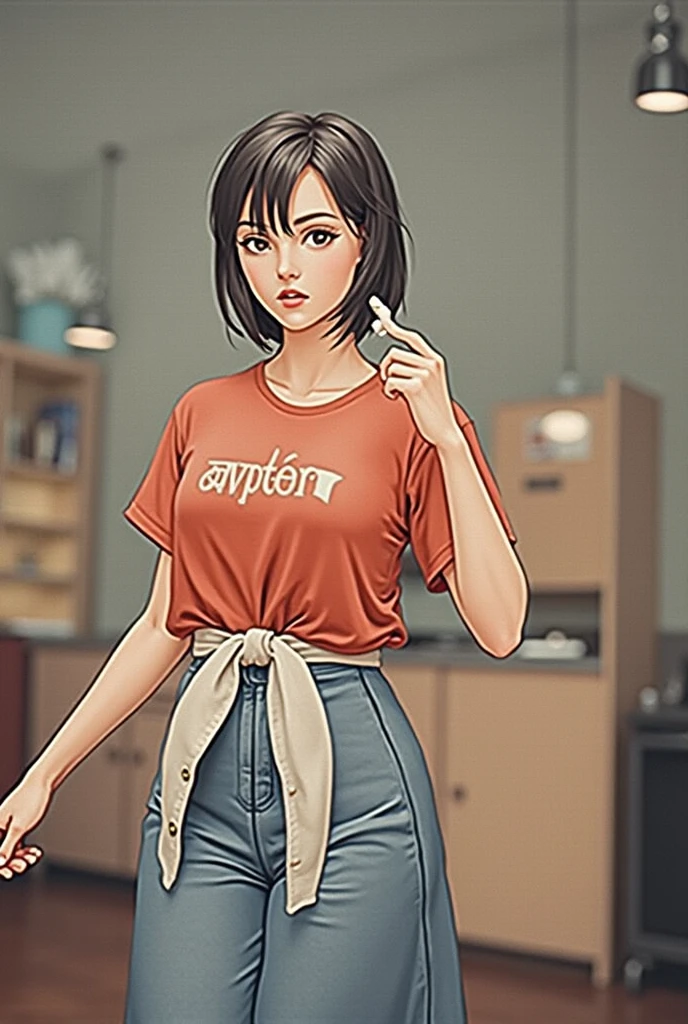 (masterpiece:1.2),(best quality:1.2),(masterpiece, best quality, ultra-high resolution), (1girl), (1 character), Short messy hair, brown piercing eyes, tanned and rough skin, baggy t-shirt, worn jeans, tomboy, masculine attitude