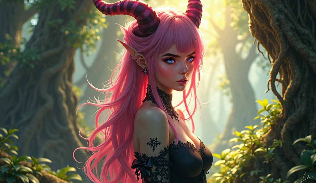 Short pink haired succubus, using a rose aromatic magic, She is very young and cute