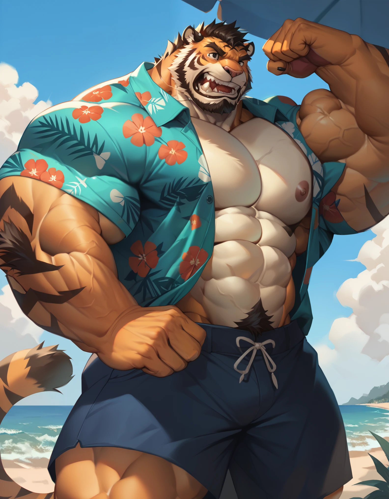 bara tiger, fur, very large pecs, strong physique, very muscular, perfect anatomy, masterpiece, black beard, black eyes, strong jaw, giant biceps, shirtless, hairy pectorals, solo, great lighting, beach, shorts, hawaiian shirt