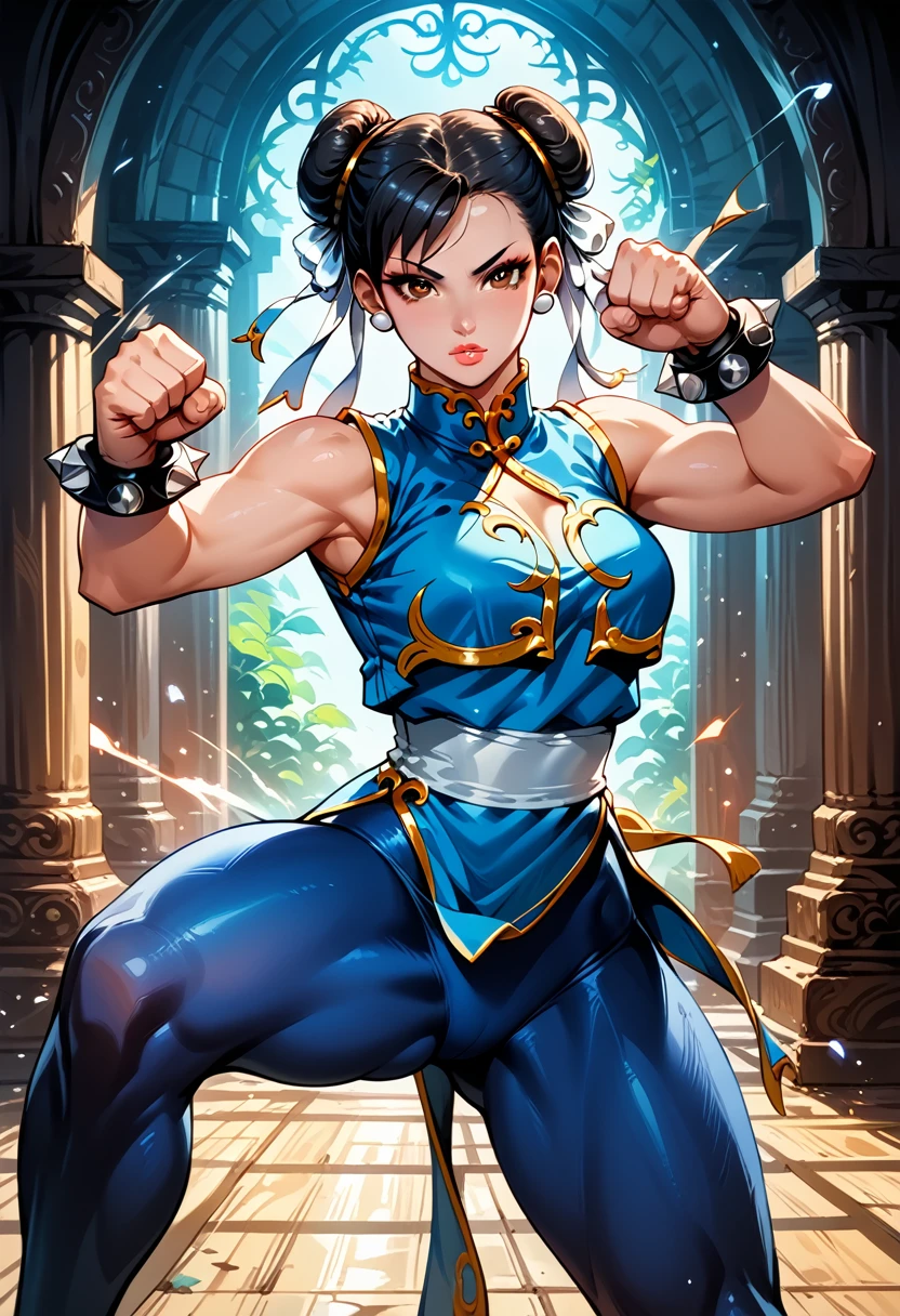 Dark Fantasy Art of score_9, score_8_up, score_7_up, rating_questionable, fantasy, lighting, epiCPhoto 1girl, very sexy chun-li (\street fighter)\, black hair, brown eyes, eyelashes, short hair, looking at viewer, alpha_costume, blue bodysuit, blue leotard, blue vest, sleeveless, solo, cute, flirt, gaze, sexy look, half-closed eyes, head tilt, filled lips, thick lips, makeup, modelling shoot, sexy pose, fantasy palace setting, dark, moody, dark fantasy style, dimly lit, (kicking, punching, action poses:1.3), full body shot.