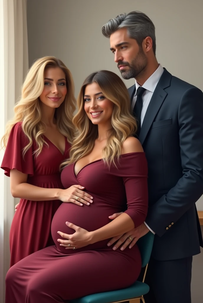 A handsome 45 year old man is with his 4 very beautiful wives and they are pregnant, the background is on the terrace of a luxurious and magnificent house 