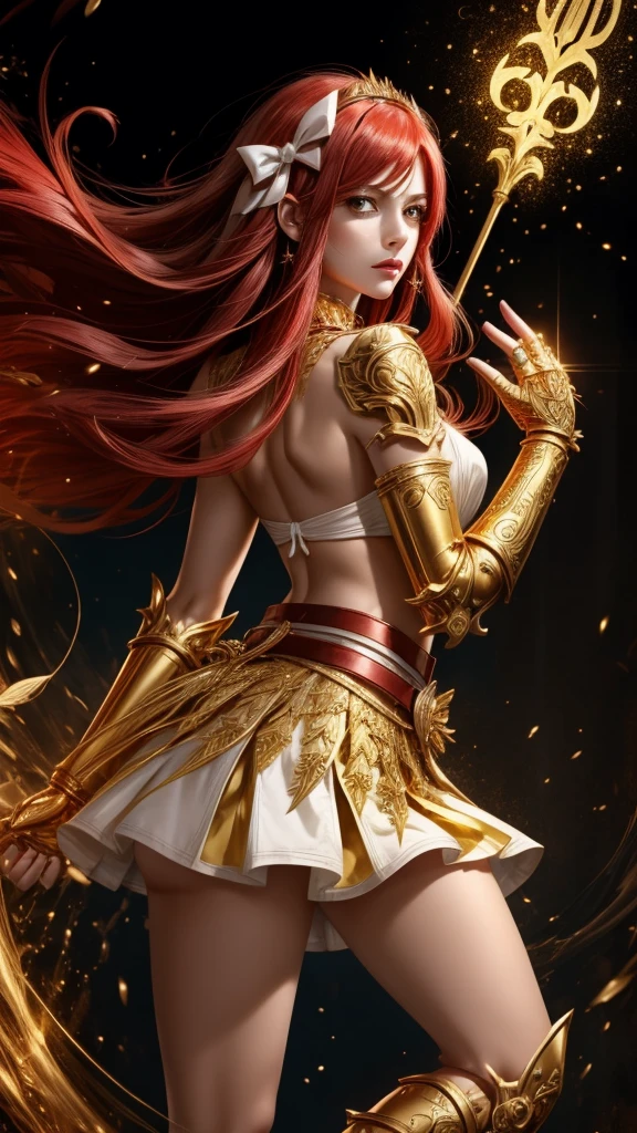 Erza Scarlet, de Fairy Tail, head on, using the Nakagami Armour.
The armor has a white and gold color scheme..
Deep V-neckline, Detailed with gold edging around the chest.
Shoulders covered with golden pauldrons, with detailed engravings.
Gold belt fitted at the waist, connecting with a short white skirt decorated with golden patterns.
Gold plates on the legs, covering the outer thighs.
golden gauntlets, tight, covering the forearms.
Long white and gold bows falling from the waist, adding movement.
Large magic sword, with a slight glow, held in her hand.
Serious and determined face, almond-shaped and symmetrical eyes.
Long scarlet hair, straight, falling down his back.
realistic lighting, highlighting the details of the armor and his face.