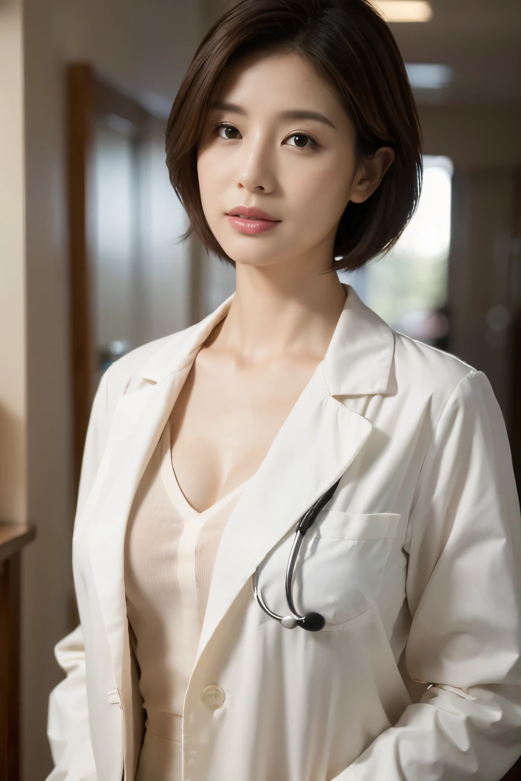 Photorealistic beautiful, ((35yo)), stunningly beautiful、(doctors white coat) Collared shirt、(top-quality、8K、32K、​masterpiece、nffsw:1.3)、upper body portrait,  超A high resolution,(Photorealsitic:1.4),Raw photography, Detailed face,Shoulder-length straight black short hair, ((Doctor Style)), green surgical uniform,Natural makeup,Big breasts, The crack in her chest is slightly visible, inside hospital, Detailed background, Perfect Lighting, depth of fields, Beautiful shadow gradient,stethoscope ,