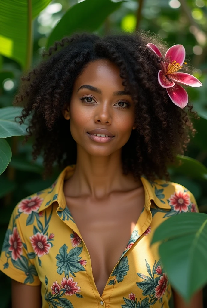 A Brazilian woman in a lush tropical garden, wearing an open shirt with a floral print, with a close-up capturing the harmonious beauty between her breasts and the natural flowers, showing off your natural charm and outgoing personality.