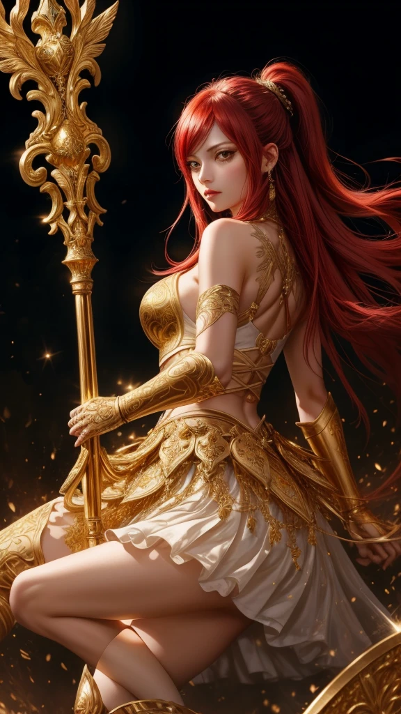 "Erza Scarlet from Fairy Tail standing confidently, facing forward, wearing the iconic Nakagami Armor. The armor features a white and gold color scheme. The upper body has a deep V-shaped neckline, exposing part of her chest, surrounded by detailed golden engravings. The shoulders are protected by sharp golden pauldrons, decorated with intricate engravings.

Around her waist, a tight golden belt holds the armor together, connecting to a short white skirt with golden embroidered patterns. The armor on her thighs is made of gold-plated leg guards, with detailed engravings and a sleek, protective design. Her arms are covered with golden gauntlets, slim but protective, and decorated with more engravings. Flowing white and gold ribbons are attached to the armor, adding a sense of motion and elegance.

Erza's face is sharp and well-defined, with almond-shaped eyes and a fierce, determined expression. Her long red hair flows freely down her back. She holds a large sword, glowing with a soft magical aura. The lighting is realistic, highlighting the intricate details of the armor and her facial features. High-quality, ultra-realistic, masterpiece."