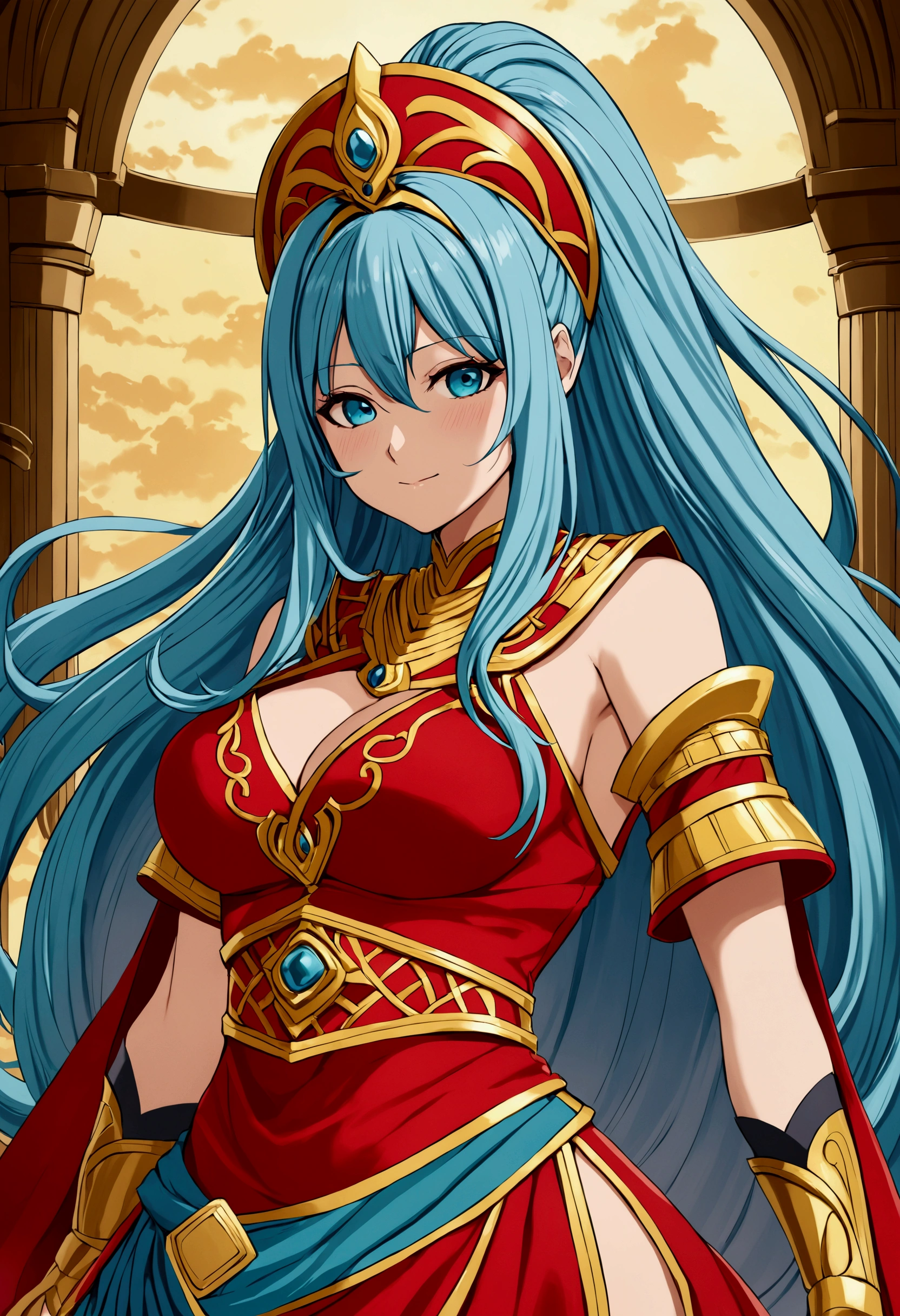 Art style illustration (Wano Style),one piece,eiichiro oda,toei animation,((masterpiece)),(Highest quality:1),(highly detailed:1),One person, NefertariViviV3,Blue Hair,Long Hair,ponytail,high ponytail,Dark brown eyes,Fair skin,detailed eyes,Beautiful Face, Standing pose,Cowboy Shot,Look to the side, [Paladin_Glam Armor|Moroccan Caftan],Shiny Armor,Jeweled Armor, Paladinの鎧, Sultan's Palace,Glamorous background,Arabian Background,Oriental Palace Background,Arabian Palace Room,very detailed background, Highest quality, masterpiece, employment, original, extremely detailed wallpaper, Perfect lighting,(extremely detailed CG:1.2),8k,複雑なdetailed,Trending on Art Station,Digital Art, detailed,8k,