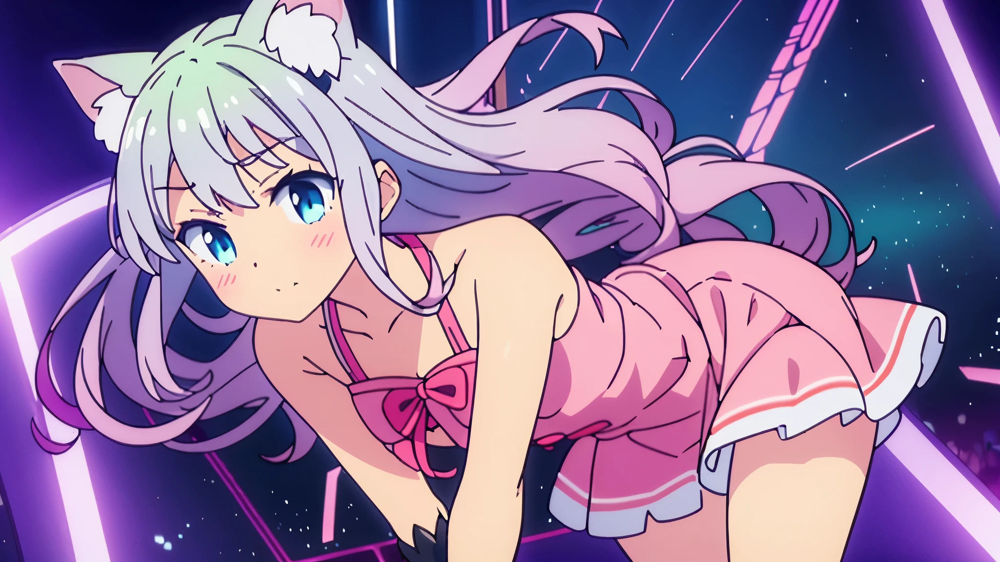 cute girl beautiful gorgeous nekomimi perfect anatomy great detail quality perfect hands idol dress short skirt standing on stage