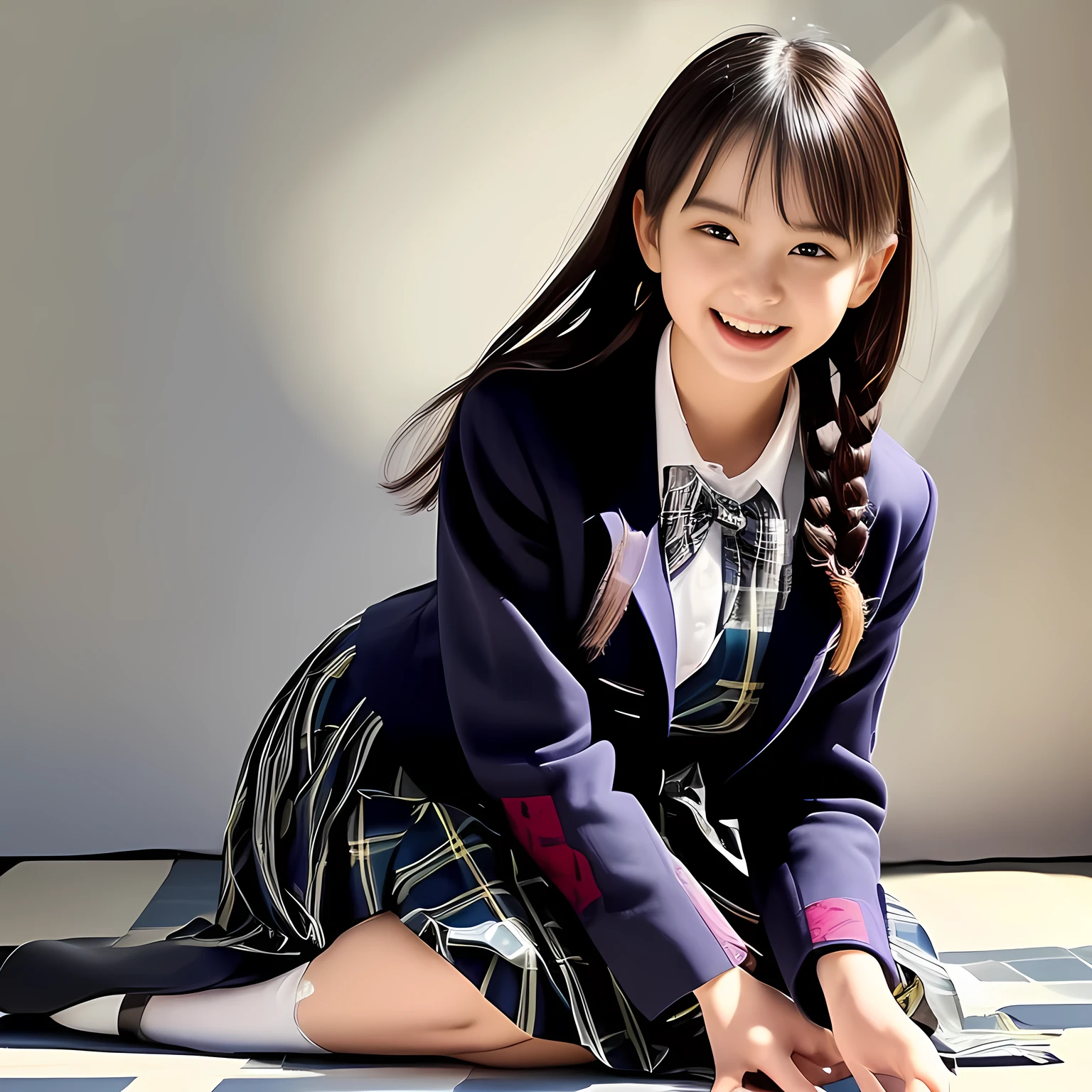 (Highest quality, masterpiece:1.2), Highest quality, High resolution, 1080P, 8k, 158cm, (A noble, graceful and **** Japanese young long hair fashion model lying on a white floor is laughing at me, look at me with intense pity: 1.5), (Everyone says she is the most beautiful girl in Japan: 2.0), (drooping, double-eyelids, brown wet cutely smiling large eyes with detailed, long bottom eyelashes, like **** most beautiful fashion model in Japan: 1.5), (Navy colored school blazer, Blue colored pleated school tartan checkered skirt: 1.5), (Plain blue school ribbon on the breast), (Nothing background except completely white wall: 1.7), (Girl whom everyone loves because of her beauty and lovely fashion and noble manner and magic-charm of succubus: 1.8), (Very beautiful, neat, super-long straight black hair like a hair model, braid half up, with a pair-pin: 1.3), (Drives me crazy for their neat tartan checkered blue skirts and make me fall into her tartan checkered skirt: 1.8), 