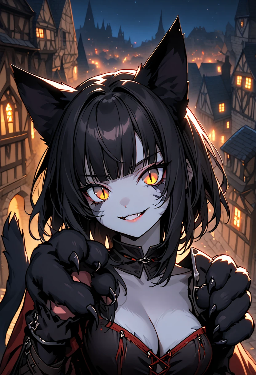 female, close up, short hair, black hair, straight bangs, black cat ears, black cat tail, furry hands, claws, black fur, medieval, cleavage, town, hazel eyes, slit pupils, mischievous smile, light skin, rogue, night, thief, on rooftop, 