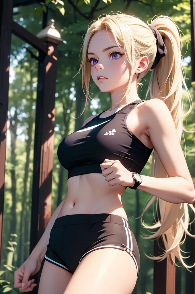 (masterpiece), (best quality), (detailed), light layer, 1solo girl, young girl, perfect body, blonde hair in pigtails, defined chest, defined collarbone, ultra realistic, photorealistic, detailed, ,Enhance, wearing a busty low green v-neck anime shirt and green booty shorts, thigh high socks and sneakers, playground background