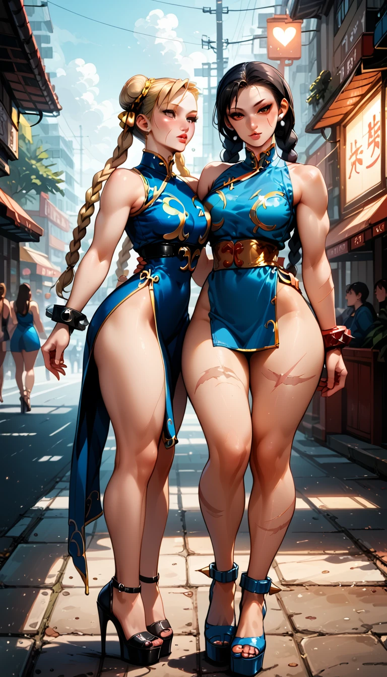 Dark Fantasy Art of score_9, score_8_up, score_7_up, rating_questionable, fantasy, lighting, epiCPhoto 2girls, duo, couple, yuri, very sexy (chun-li, black hair:1.2), and very sexy (cammySDXL, blonde hair, long hair, twin braids, scar on face:1.3), (wearing sexy sleeveless kimonos and platform heels:1.4), cute, flirt, gaze, sexy look, half-closed eyes, head tilt, filled lips, thick lips, makeup, on a romantic date, walking together, Thailand streets, modelling shoot, dark, moody, dark fantasy style, dimly lit.