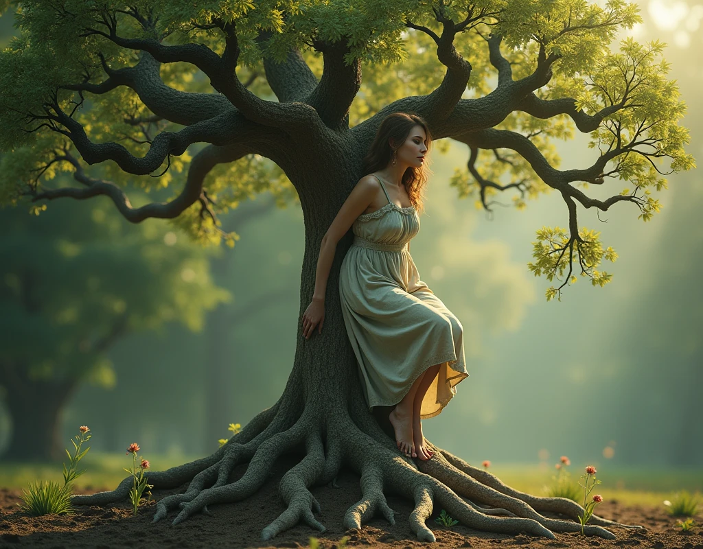 realistict close up photography, A hug of woman body turn into a leafy tree, with roots as legs, branches like arms, some leaves fly on a white background,