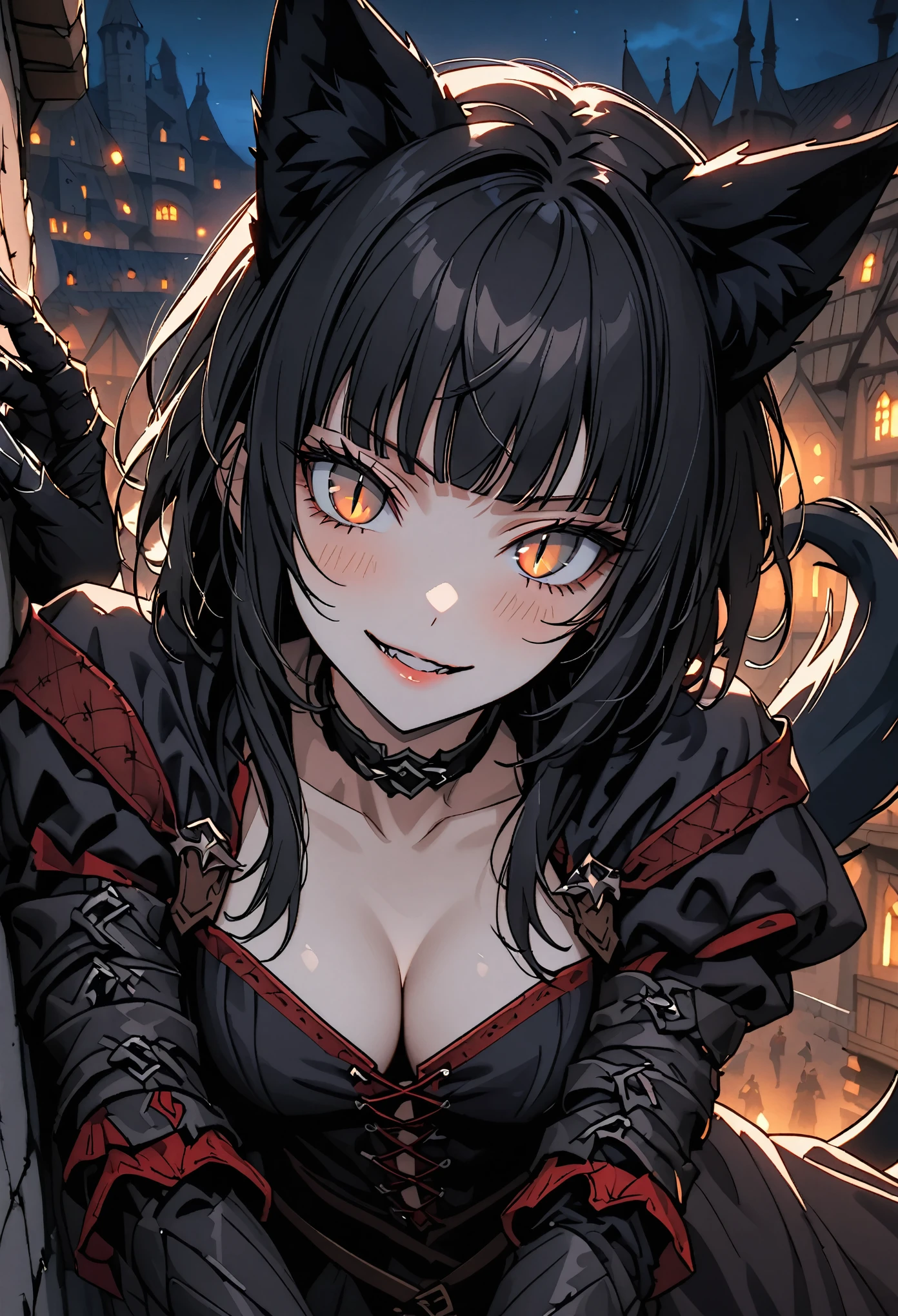 female, close up, short hair, black hair, straight bangs, black cat ears, black cat tail, furred hands, furred arms, claws, black fur, medieval, cleavage, town, hazel eyes, slit pupils, mischievous smile, rogue, night, thief, on rooftop, female kabedon, pouncing on viewer