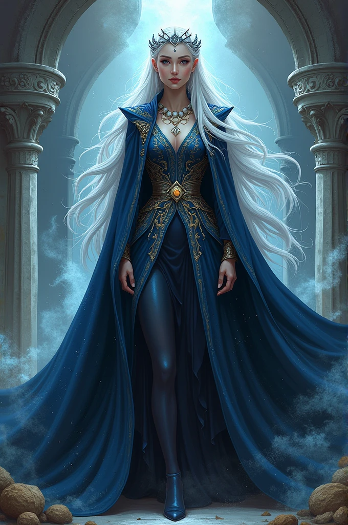 1 gorgeous magician woman using his magic powers on a battle scene, expressive eyes, elf ear, white hair, black patterned clothes dress, , full length portrait , sunset in background, detail richness, masterpiece, best quality