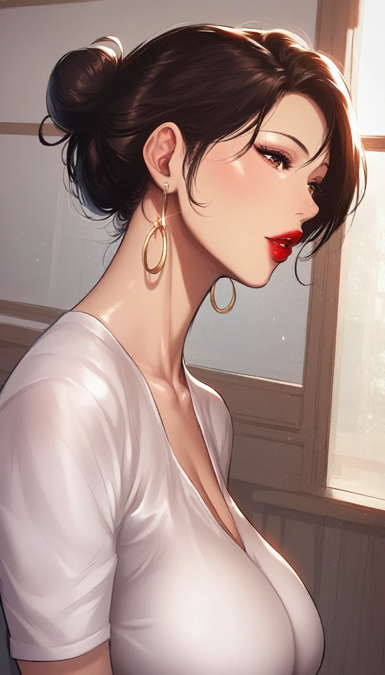 Hot beautiful sexy milf school teacher, red lipstick, long  Earrings, medium saggy breasts , brown hair , hair bun,bracelet ,detailed, detailed brown eyes, curvy body  ,manhwa style,body moving motion ,detailed eyes,manhwa page,manhwa art style , teacher dress, school 