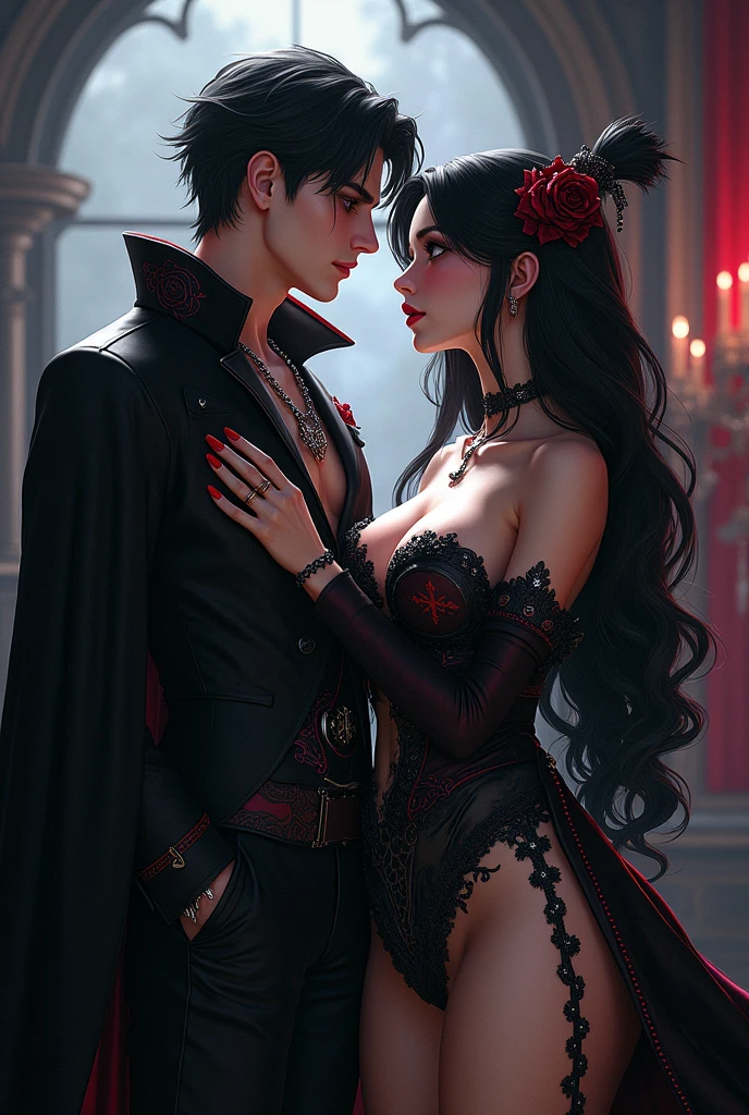 Casal de vampiros, estilo anime, mulher sexy vestido vermelho, homem cinza e terno preto, mulher vestido de noiva, preto, Escuro, dreadlocks, cabelos muito longos, Pashmina